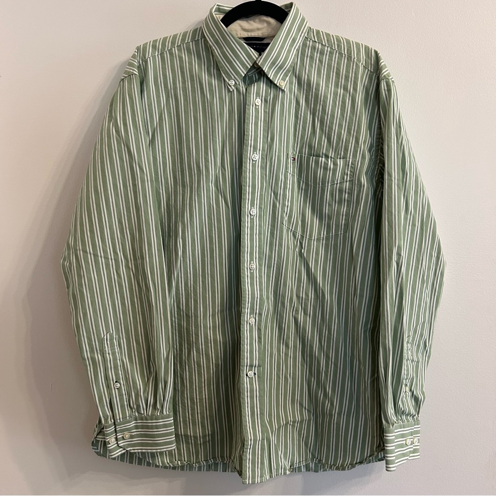 Tommy Hilfiger Men Large 100% Cotton Long Sleeve Button Down Shirt Green Striped